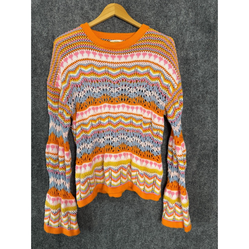 Tees2UrDoor Sweater Women M Multicolor Crochet‎ Knit Bell Sleeve Boho Festival